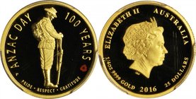 AUSTRALIA. 25 Dollars, 2016-P. Perth Mint. PCGS PROOF-69 Deep Cameo.
KM-unlisted. An appealing and patriotic commemorative of the centennial of Anzac...
