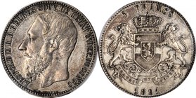 BELGIAN CONGO. Congo Free State. 5 Francs, 1891. PCGS AU-50 Gold Shield.
Dupriez 72, KM 8.1, Dav-10. The history of the Congo has long been unhappy. ...