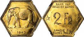 BELGIAN CONGO. 2 Francs, 1943. NGC MS-64.
KM-25. An interesting and unusual hexagonal brass issue exhibiting great eye appeal, well struck with full ...
