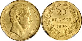 BELGIUM. 20 Francs, 1865. Brussels Mint. Leopold I. NGC MS-61.
Fr-408; KM-23. "L. WEINER" / Edge Position A variety. A bright yellow-gold example wit...