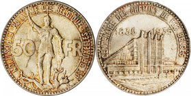 BELGIUM. 50 Francs, 1935. PCGS MS-67 Gold Shield.
KM-106.1; Eeckhout-NBFB-158. Struck for the Brussels exposition and railway centennial. Marvelous q...