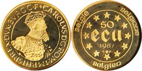 BELGIUM. 50 Ecu, 1987. NGC PROOF-68 Ultra Cameo.
Fr-427; KM-167. Mintage: 15,000 pieces. 30th Anniversary Treaties of Rome, Charles V bust right. Sli...