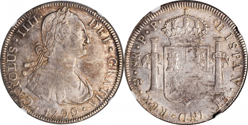 BOLIVIA. 8 Reales, 1799-PTS PP. Potosi Mint. Charles IV. NGC AU-53.
KM-73; FC-3...