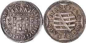 BRAZIL. 320 Reis, 1696/5. Bahia Mint. Pedro II. PCGS-53 Gold Shield.
KM-78; LMDB-P122; Gomes-P2.19.04. A seldom offered and SCARCE overdate. Deeply t...