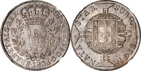 BRAZIL. 960 Reis, 1819-R. Rio Mint. Joao VI. NGC MS-62.
KM-326.1; LDMB-P477; Gomes-J6.25.06. Struck over an Argentina 1813 8 Reales, a SCARCE host co...