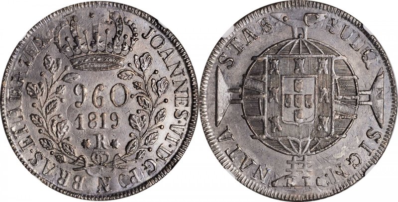 BRAZIL. 960 Reis, 1819-R. Rio Mint. Joao VI. NGC AU-58.
KM-326.1; LDMB-P477; Go...