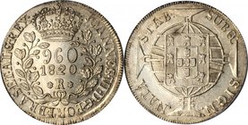 BRAZIL. 960 Reis, 1820-R. Rio Mint. Joao VI. PCGS MS-62 Gold Shield.
KM-326.1; LDMB-P478. Struck over a Peru 1818-JP 8 Reales. Remnants of the host d...