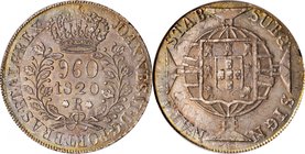 BRAZIL. 960 Reis, 1820-R. Rio Mint. Joao VI. PCGS AU-58 Gold Shield.
KM-326.1; LDMB-478; Gomes-25.10. Struck over a Peru 1820 8 Reales of Ferdinand V...
