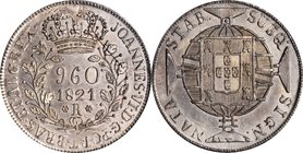 BRAZIL. 960 Reis, 1821-R. Rio Mint. Joao VI. PCGS MS-62 Gold Shield.
KM-326.1; LMDB-P479; Gomes-J6.25.20. Struck over a Mexico 1811-MoHJ 8 reales. We...
