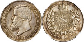 BRAZIL. 2000 Reis, 1887. Peter II. NGC MS-62.
KM-485; LDMB-657. A lustrous example of this date, attractively toned throughout.
Estimate: $70.00 - $...