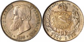 BRAZIL. 2000 Reis, 1888. Pedro II. PCGS MS-64 Gold Shield.
KM-485; LDMB-P658. In 1889, the emperor was overthrown by a conspiracy of slave owners fea...