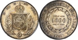 BRAZIL. 1000 Reis, 1866. Peter II. PCGS MS-65 Gold Shield.
KM-465. Stunning Gem quality with silky luster and eye-catching olive tone in the fields t...