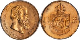 BRAZIL. 10 Reis, 1869. Peter II. PCGS Genuine--Spot Removed, Unc Details Gold Shield.
KM-473; LDMB-B785. Three year type. Mostly red with a full stri...