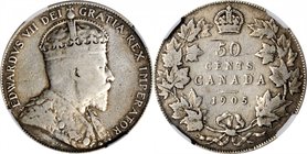 CANADA. 50 Cents, 1905. NGC FINE-15.
KM-12. KEY DATE for the 50 Cents of Edward VII and RARE in any grade. A gray toned piece with good details remai...