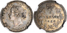 CANADA. New Brunswick. 5 Cents, 1864. Victoria. NGC AU-58.
KM-7. Small 6. An appealing example of the type, beautifully toned with only a tiny die cr...