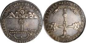 CHILE. Silver Proclamation Medal, 1818. PCGS AU-58 Gold Shield.
36 mm diameter. Fonrobert-9842. Obverse: Radiant sun above clouds, palm tree over IND...