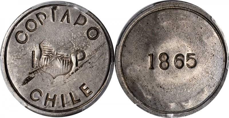 CHILE. Copiapo. Peso, 1865. PCGS AU-58 Gold Shield.
KM-4. Siege coinage. Medium...