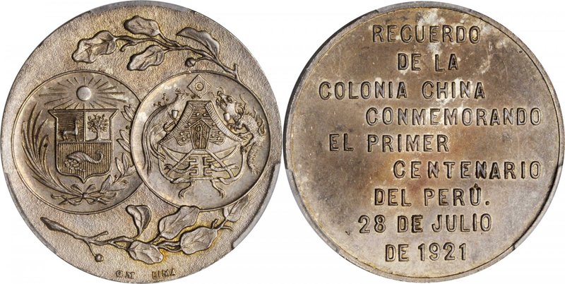 CHINA. Colonists' Centennial of Peruvian Independence Silver Medal, 1921. PCGS M...