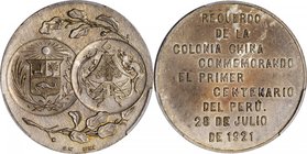 CHINA. Colonists' Centennial of Peruvian Independence Silver Medal, 1921. PCGS MS-64 Gold Shield.
L&M-997. Obverse: Conjoined arms of China and Peru ...