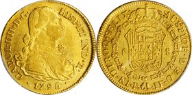 COLOMBIA. 8 Escudos, 1795-P JF. Popayan Mint. Charles IV. PCGS AU-53 Gold Shield.
Restrepo-98.9; Fr-52; KM-62.2. 1795/4 overdate (not listed on holde...