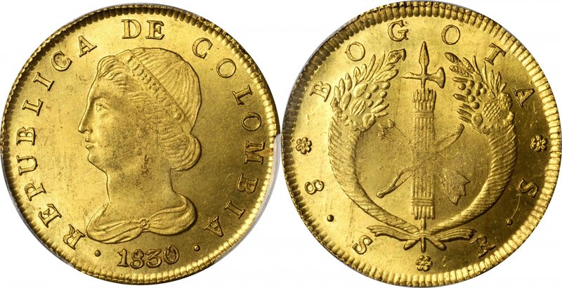 COLOMBIA. 8 Escudos, 1830-BOGOTA RS. Bogota Mint. PCGS MS-63 Gold Shield.
Restr...