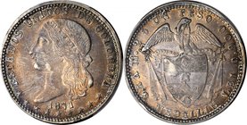 COLOMBIA. Peso, 1871/0. Medellin Mint. PCGS AU-58 Gold Shield.
KM-154.2; Restrepo-318.4. Overdate is not listed in the SCWC. Nicely struck and handso...
