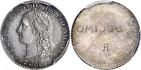 COLOMBIA. Silver Uniface 1/2 Decimo Trial Pattern, 1873. Medellin Mint. PCGS SPECIMEN-63 Gold Shield.
Restrepo-P23. Reeded edge. The usual obverse de...