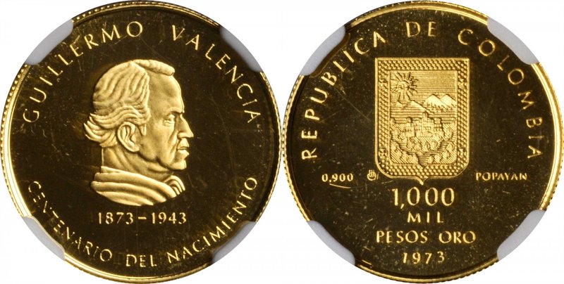 COLOMBIA. 1000 Pesos, 1973. NGC PROOF-66 Ultra Cameo.
Fr-135; KM-254. Mintage: ...