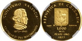 COLOMBIA. 1000 Pesos, 1973. NGC PROOF-66 Ultra Cameo.
Fr-135; KM-254. Mintage: 10,003. Struck to commemorate the 100th anniversary of the birth of Gu...