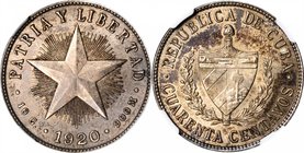 CUBA. 40 Centavos, 1920. NGC MS-63.
KM-14.3. High relief star. A well-struck piece with a lightly toned reverse contrasting nicely with a mottled pat...