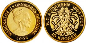 DENMARK. 10 Kroner, 2006. PCGS PROOF-69 Deep Cameo.
Fr-303; KM-910. Mintage: 3,070 pieces. Hans Christian Andersen: The Shadow. Proof exhibits hard m...