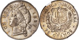 DOMINICAN REPUBLIC. Peso, 1897-A. NGC AU-58.
KM-16. An attractive lightly circulated example with glossy luster and almond highlights in the otherwis...