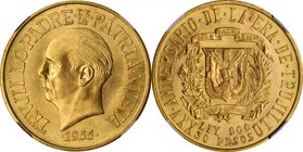 DOMINICAN REPUBLIC. 30 Pesos, 1955. NGC MS-63.
Fr-1; KM-24. Mintage: 33,000. Struck to commemorate the 25th anniversary of the Trujillo regime. SCARC...