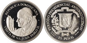 DOMINICAN REPUBLIC. 25 Pesos, ND (1979). NGC PROOF-68 Ultra Cameo.
KM-54. Weight: 60.13 gms. Visit of Pope John Paul II. Example with hard mirrored f...