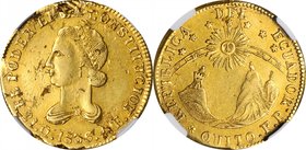 ECUADOR. 4 Escudos, 1836-QUITO FP. Quito Mint. NGC EF-40.
Fr-4; KM-19. An affordable example of this classic Latin American design with attractive de...
