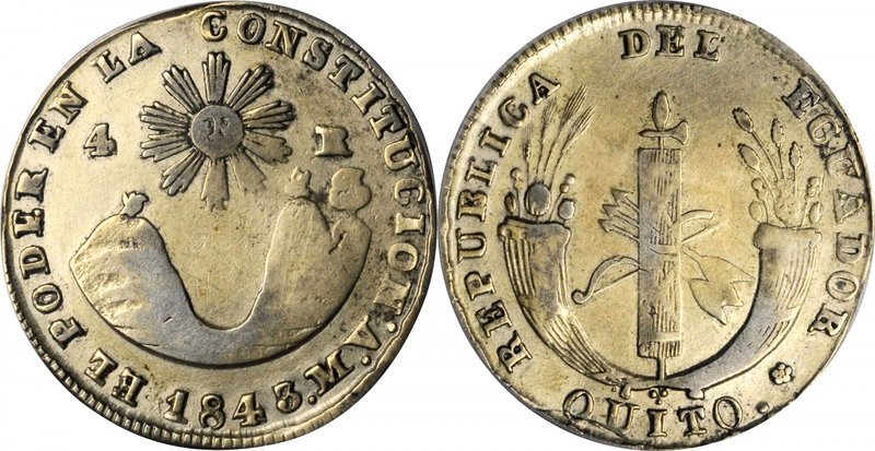 ECUADOR. 4 Reales, 1843-QUITO MV. Quito Mint. ANACS VF Details--Cleaned.
KM-24....