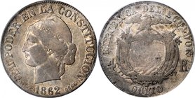 ECUADOR. 4 Reales, 1862-QUITO. Quito Mint. ANACS FINE-15.
KM-41. An attractive circulated example with a base of moderate gray tone on both sides and...