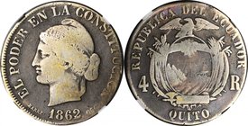 ECUADOR. 4 Reales, 1862-QUITO. Quito Mint. NGC VG-08.
KM-41. Large Head variety by Barré. A heavily circulated, yet problem-free example of this SCAR...