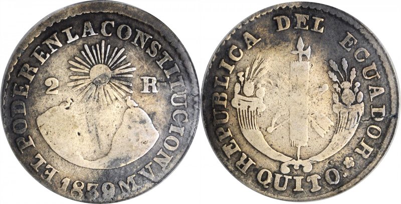 ECUADOR. 2 Reales, 1839-QUITO MV. Quito Mint. ANACS FINE-12.
KM-18. Showing sig...