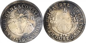ECUADOR. 2 Reales, 1839-QUITO MV. Quito Mint. ANACS FINE-12.
KM-18. Showing significant evidence of circulation with deep tone around the legends on ...