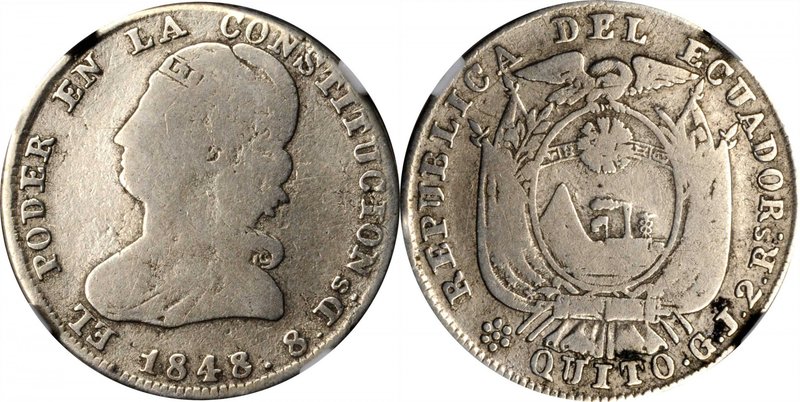 ECUADOR. 2 Reales, 1848-QUITO GJ. Quito Mint. NGC VG Details--Surface Hairlines....