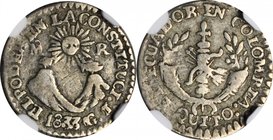 ECUADOR. 1/2 Real, 1833-QUITO GJ. Quito Mint. NGC FINE-15.
KM-12.1; Seppa-15; Carr-13. Variety with denomination written "Mo R" for "Medio Real". RAR...