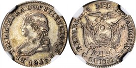 ECUADOR. 1/2 Real, 1849-QUITO GJ. Quito Mint. NGC VF-35.
KM-35. Lightly toned and pleasing to the eye. A SCARCE denomination in any grade.
Estimate:...