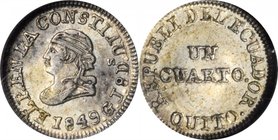 ECUADOR. 1/4 Real, 1849-QUITO GJ. Quito Mint. NGC AU-55.
KM-36. Impressively sharp with strong luster appearing beneath variegated tone on both sides...