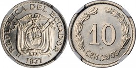 ECUADOR. Nickel 10 Centavos Pattern, 1937-HF. LeLocle Mint. NGC MS-66.
KM-unlisted. Struck on a 17mm flan versus the 19mm planchet that was used for ...