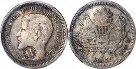 EL SALVADOR. 2 Reales, ND (1862-63). PCGS VF-35 Gold Shield.
KM-93. R-in-beaded circle countermark (type IV) on an 1862 2 Reales of Guatemala. A smal...