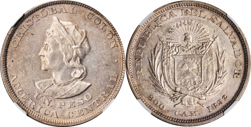 EL SALVADOR. Peso, 1892-CAM. Central American Mint (San Salvador). NGC AU-55.
K...