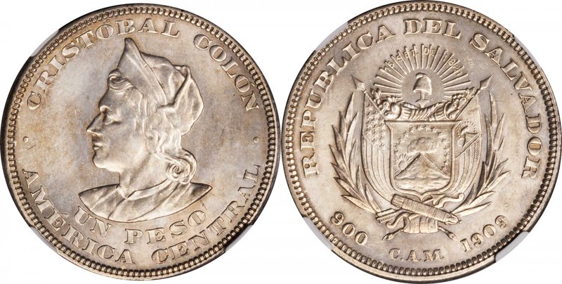 EL SALVADOR. Peso, 1909-CAM. Central American Mint (San Salvador). NGC MS-61.
K...
