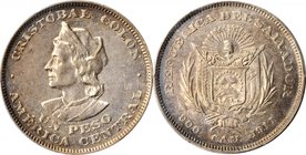 EL SALVADOR. Peso, 1911-CAM. Central America Mint. PCGS AU-55.
KM-115.1. Narrow Right Shoulder variety. An affordable example of the issue with light...