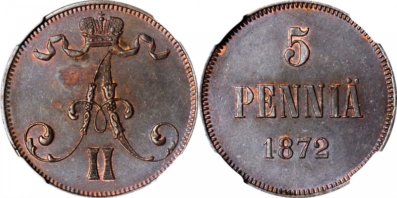 FINLAND. 5 Pennia, 1872. Alexander II. NGC MS-62 Brown.
KM-4.2; Sieg-10. Tied f...